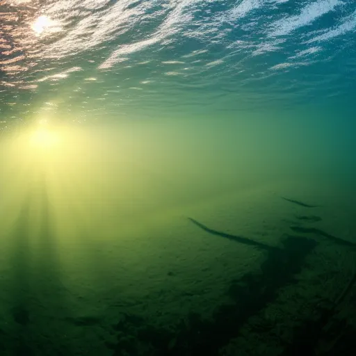 Image similar to ultrawide shot backlit ploughing the seabed underwater