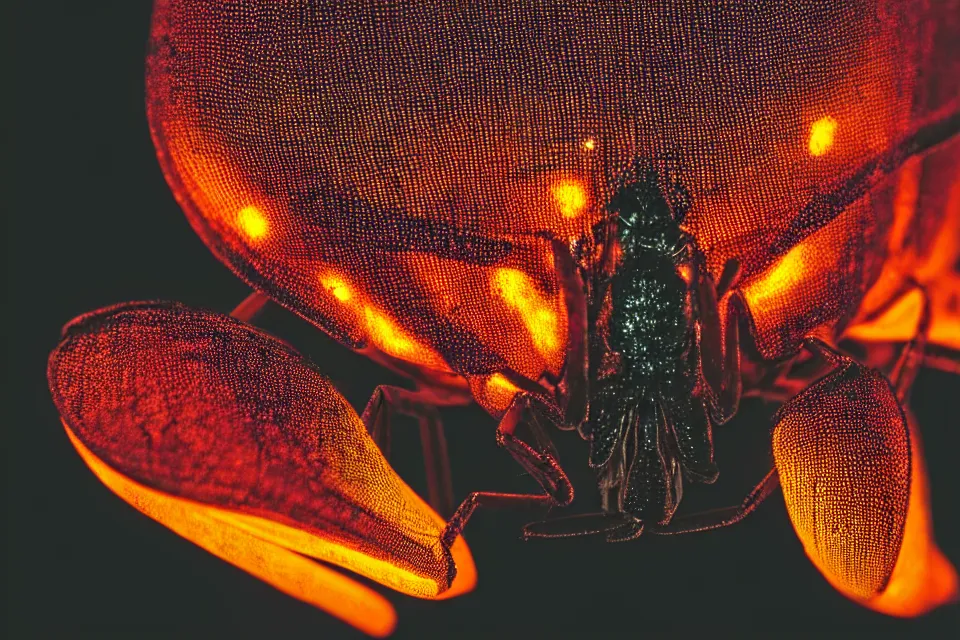 Prompt: close-up of a glowing insect at night, 4k, HD photography