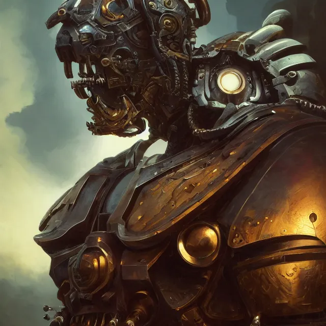 Prompt: hyper realistic portrait of warhammer android machine symmetric cinematic, chaos marine, artstation, cgsociety, full head, greg rutkowski, james gurney, mignola, craig mullins, brom