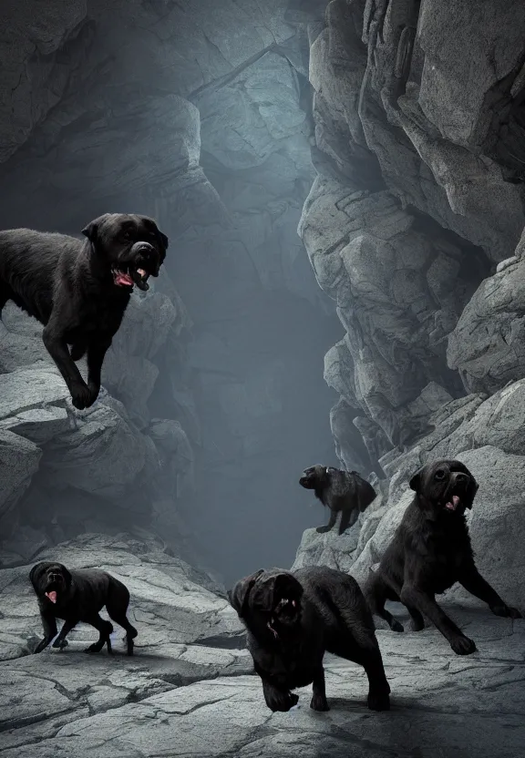 Prompt: a pack of three attacking angry rabid demonic evil monstrous dark black mastiffs made of shadows while exploring a claustrophobic dark blue canyon of stone, digital art, greg rutkowski, unreal engine, octane render, cinematic lighting, highly detailed