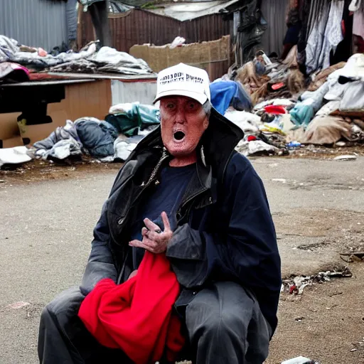 Image similar to donald trump dressed as a homeless man living in the slums