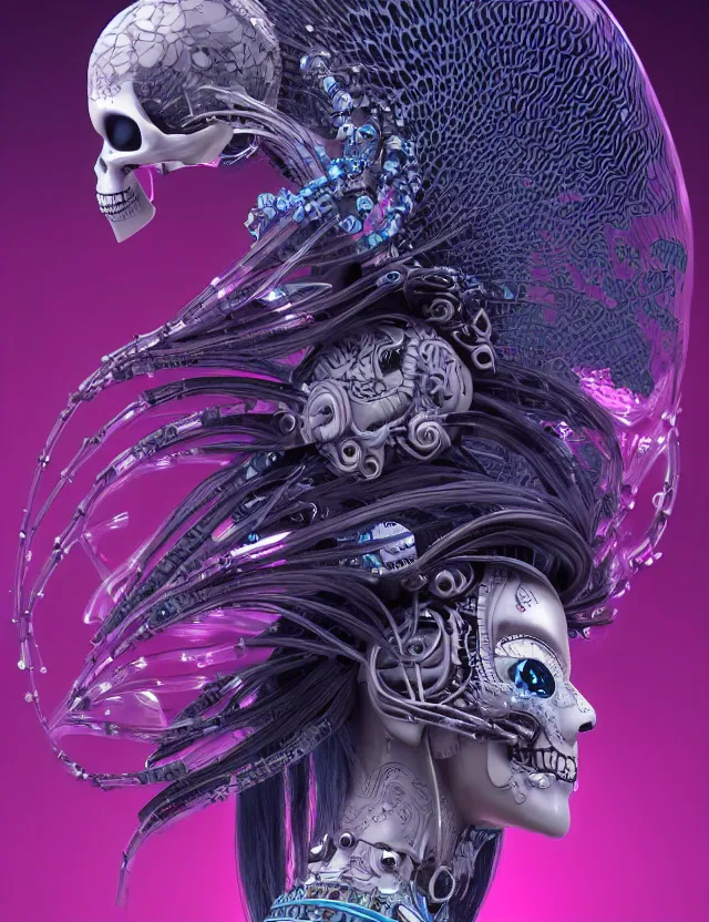 Image similar to 3 d goddess close - up profile simple portrait cybernetic with skull. beautiful intricately detailed japanese crow kitsune mask and clasical japanese kimono. betta fish, jellyfish phoenix, bio luminescent, plasma, ice, water, wind, creature, artwork by tooth wu and wlop and beeple and greg rutkowski