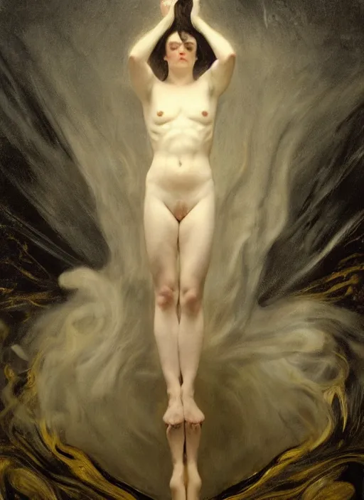 Image similar to highly detailed oil painting | very intricate | cinematic lighting | black, white and gold color scheme, dark background | the mist of the mistic by beethoven | by roberto ferri, by gustav moreau, by singer sargent and klimt, american romanticism, occult art | by austin osman spare, artstation, cgsociety, official art, octane