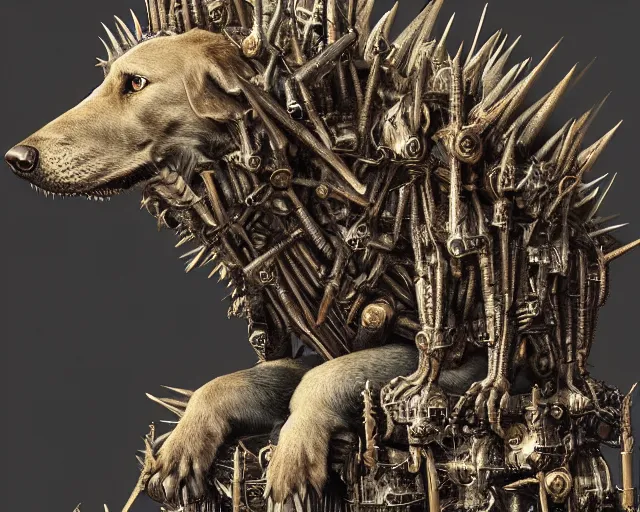 Image similar to Haunting horrifying hyperrealistic detailed painting of a dog canine creature sitting atop a giant throne of spikes, heavy metal, disgusting, creepy, unsettling, in the style of hyper detailed, trending on Artstation