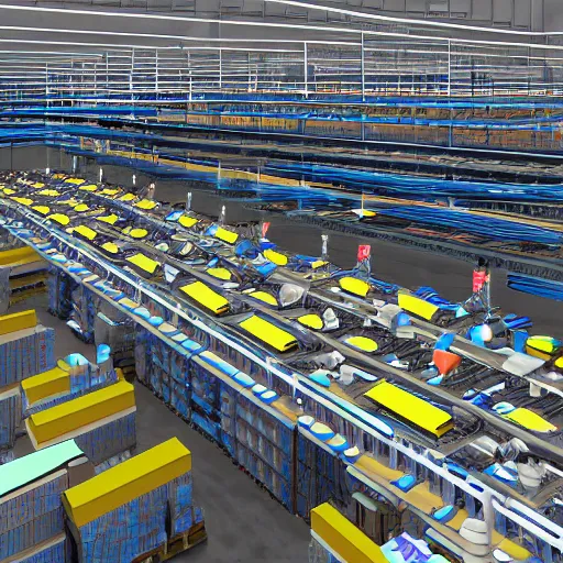 Prompt: warehouse distribution center, concept art, futuristic, automation, cranes, belts