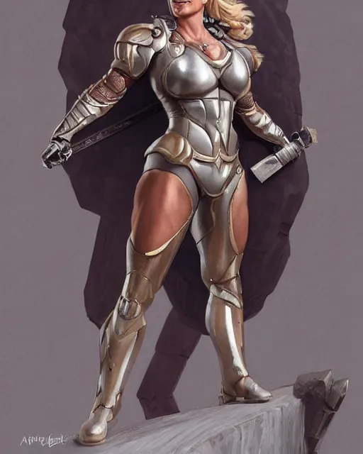 Image similar to full figure ultra realistic illustration, margot robbie as thick female bodybuilder knight zarya from overwatch smiling with closed eyes wearing thin armour, intricate, elegant, highly detailed, digital painting, artstation, concept art, smooth, sharp focus, illustration, art by artgerm and greg rutkowski and alphonse mucha