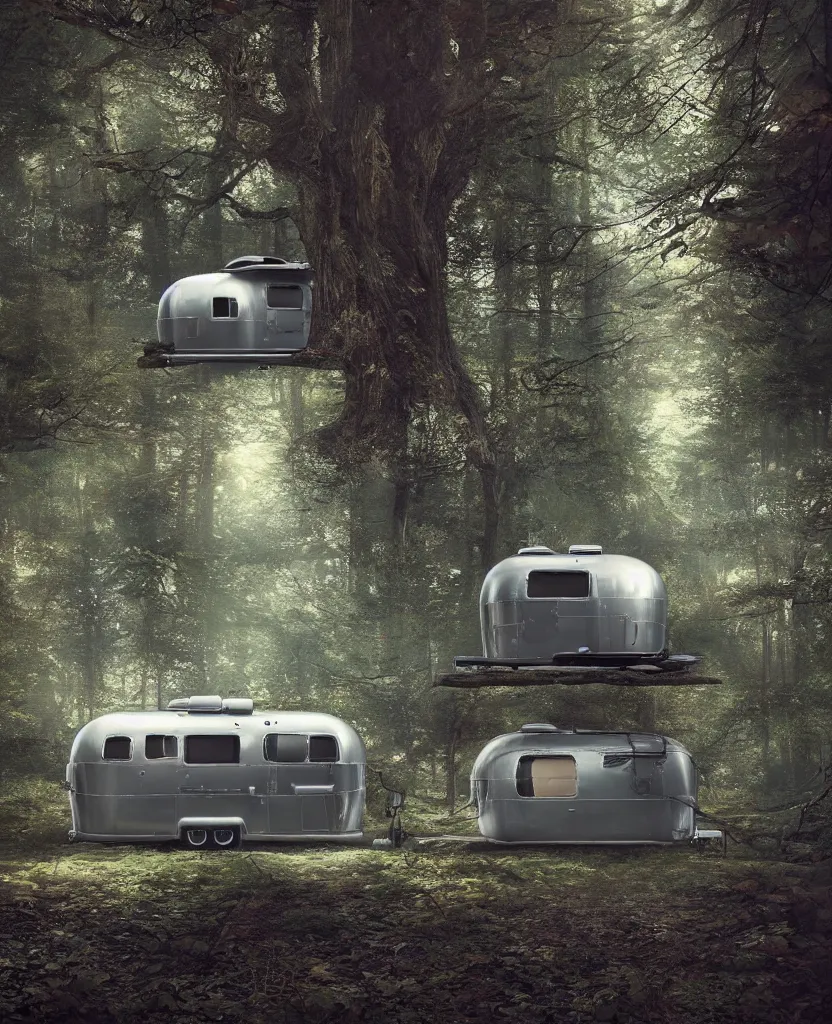 Image similar to image of a sylish vintage airstream camper in magical forest, photorealistic, digital painting, artstation, intricate artwork by Tooth Wu and wlop and beeple. octane render, trending on artstation, greg rutkowski very coherent symmetrical artwork. cinematic, hyper realism, high detail, octane render, 8k