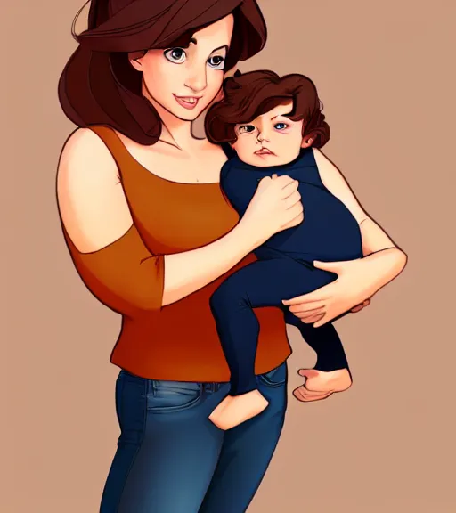 Image similar to a mother with short shoulder length dark auburn hair, short and curvy and a slightly chubby face holding her infant son with short brown hair full color digital illustration in the style of don bluth, artgerm, artstation trending, 4 k