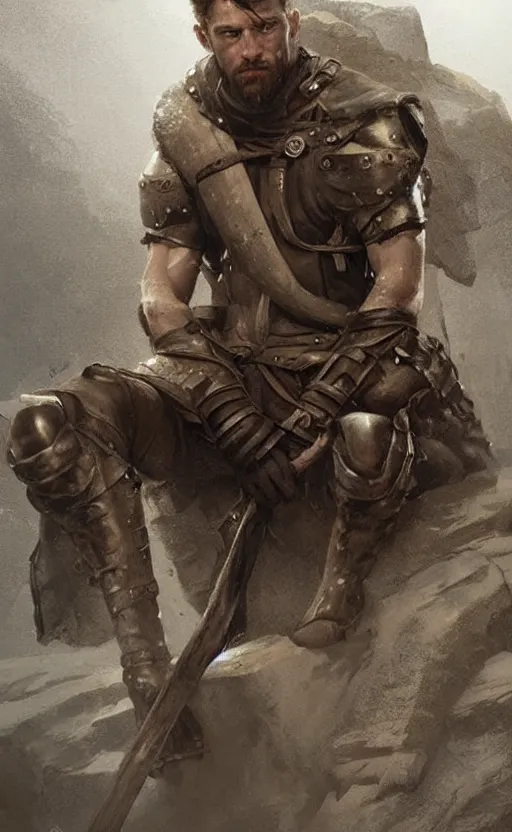 Image similar to Portrait of a rugged ranger sitting down, male, muscular, straight nose!!!, detailed face, handsome face, bare thighs!!!, simple clothing!!!!!, fantasy, medieval, highly detailed, cinematic lighting, digital art painting by greg rutkowski