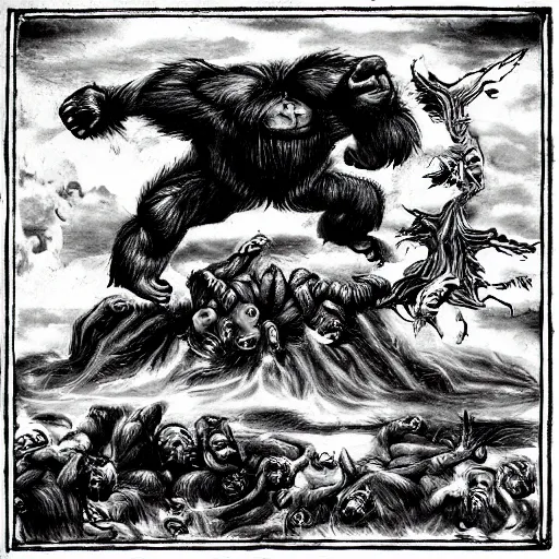 Image similar to gorilla falling from heaven, in the style of deathspell omega's fas album cover