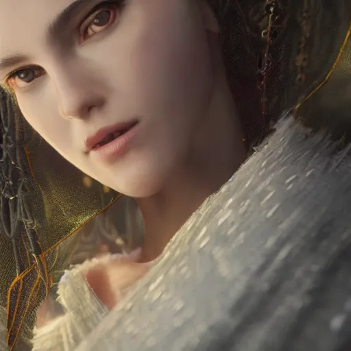 Image similar to knight, 8 k uhd, unreal engine, reflected chrome, octane render in the artstyle of greg rutkowski klimt and nixeu and ian sprigger and wlop and krenz cushart tom bagshaw, unreal engine 5, highly detailed face, true anatomy!, extremely detailed!, fishnets, beautiful