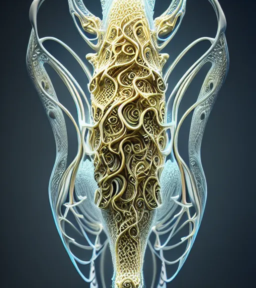 Image similar to abstract organic ornament in fluid creature, white and gold biomechanic plastic, glow lighting, fantasy, intricate, elegant, highly detailed, lifelike, photorealistic, octane render, 3d, concept art, smooth, sharp focus,