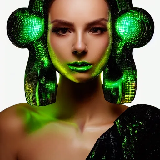 Prompt: portrait of a beautiful futuristic woman layered with high-tech jewelry wrapping around her face and head, green-gold light