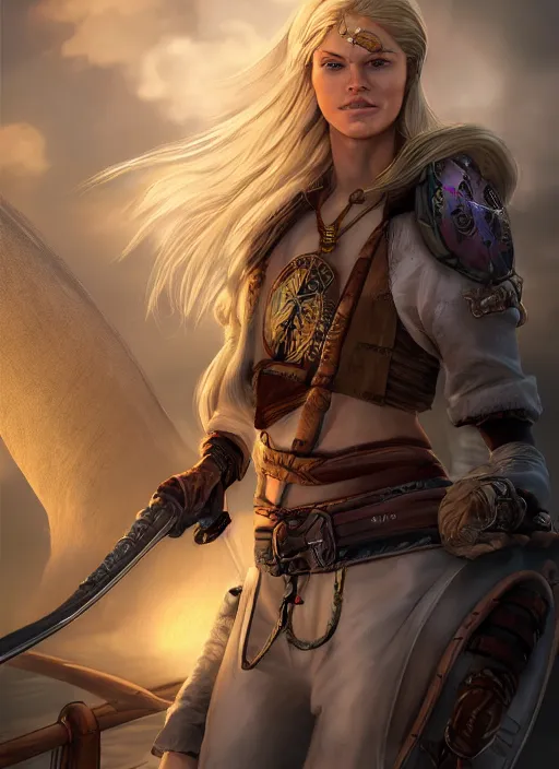 Image similar to An epic fantasy comic book style portrait painting of tall blonde haired female sky-pirate with a serious face and a pony tail in front of a metal gangplank in the style of the wheel of time, unreal 5, DAZ, hyperrealistic, octane render, cosplay, RPG portrait, dynamic lighting