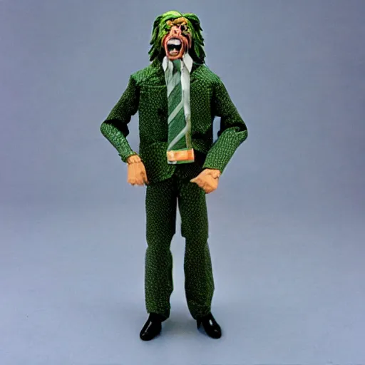 Image similar to plastic wolfman action figure with faded green face dressed in a plaid suit. 1 9 7 9 vintage