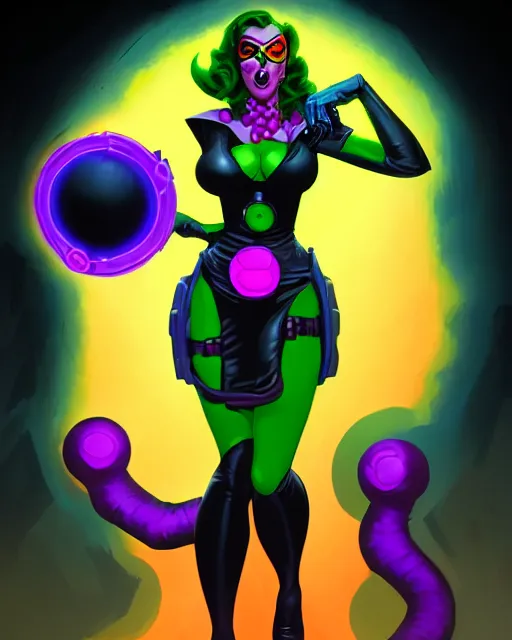 Image similar to miss atomic bomb, supervillain, villainess, pulp femme fatale, glowing eyes, green glow, comic cover painting, masterpiece artstation. 8 k, sharp high quality artwork in style of wayne reynolds and don bluth, concept art by jack kirby, blizzard warcraft artwork, hearthstone card game artwork