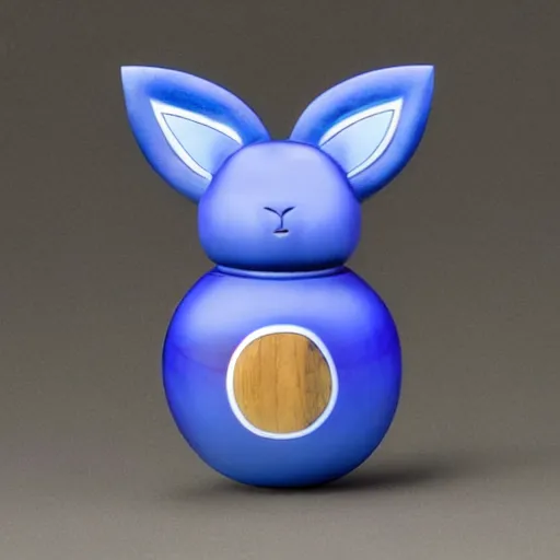 Image similar to a zoomed out studio product shot of a rounded carved smooth cherry wood and resin pokemon umbreon in profile, like a catalog photograph, where distinct sections of the carving are blue resin, but is mostly wood, with a smooth featureless minimalist short wooden nose with no nostrils, and a round minimalist behind