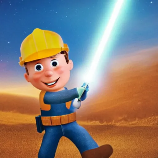 Image similar to bob the builder holding a lightsaber