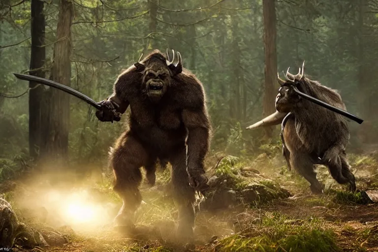 Image similar to vfx movie closeup detailed ancient warrior orc hunting elk in the forest, natural lighting by emmanuel lubezki