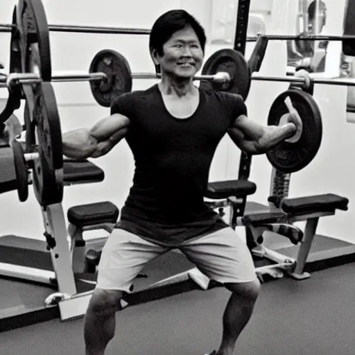 Image similar to A very muscular BongBong Marcos flexing in the gym