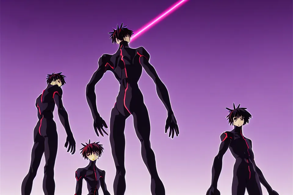 Prompt: anime illustration of black detailed evangelion eva - 0 1 standing menacingly behind ikari shinji copying his pose, cinematic lighting, evangelion anime poster, rebuild of evangelion 1 0 8 0 p, 9 0 s anime aesthetic, volumetric lights, rule of thirds, unreal engine render, pinterest wallpaper, trending on artstation