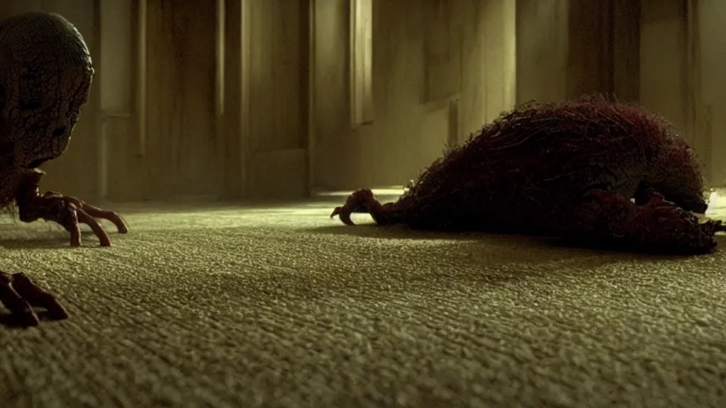 Prompt: the strange creature under the floor, we hear it at night, film still from the movie directed by denis villeneuve and david cronenberg with art direction by salvador dali