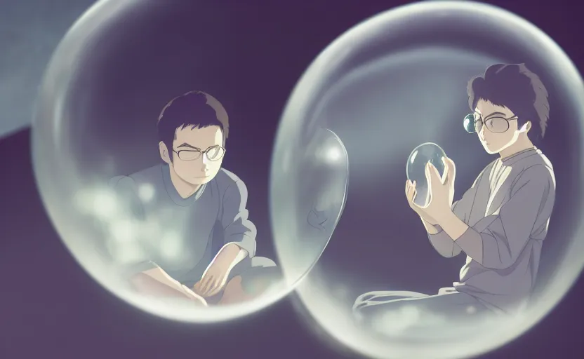 Prompt: a film still portrait of a grey young man scientist meditating inside a bubble. finely detailed features, closeup at the faces, chronenberg, perfect art, grimdark, trending on pixiv fanbox, painted by studio ghibli