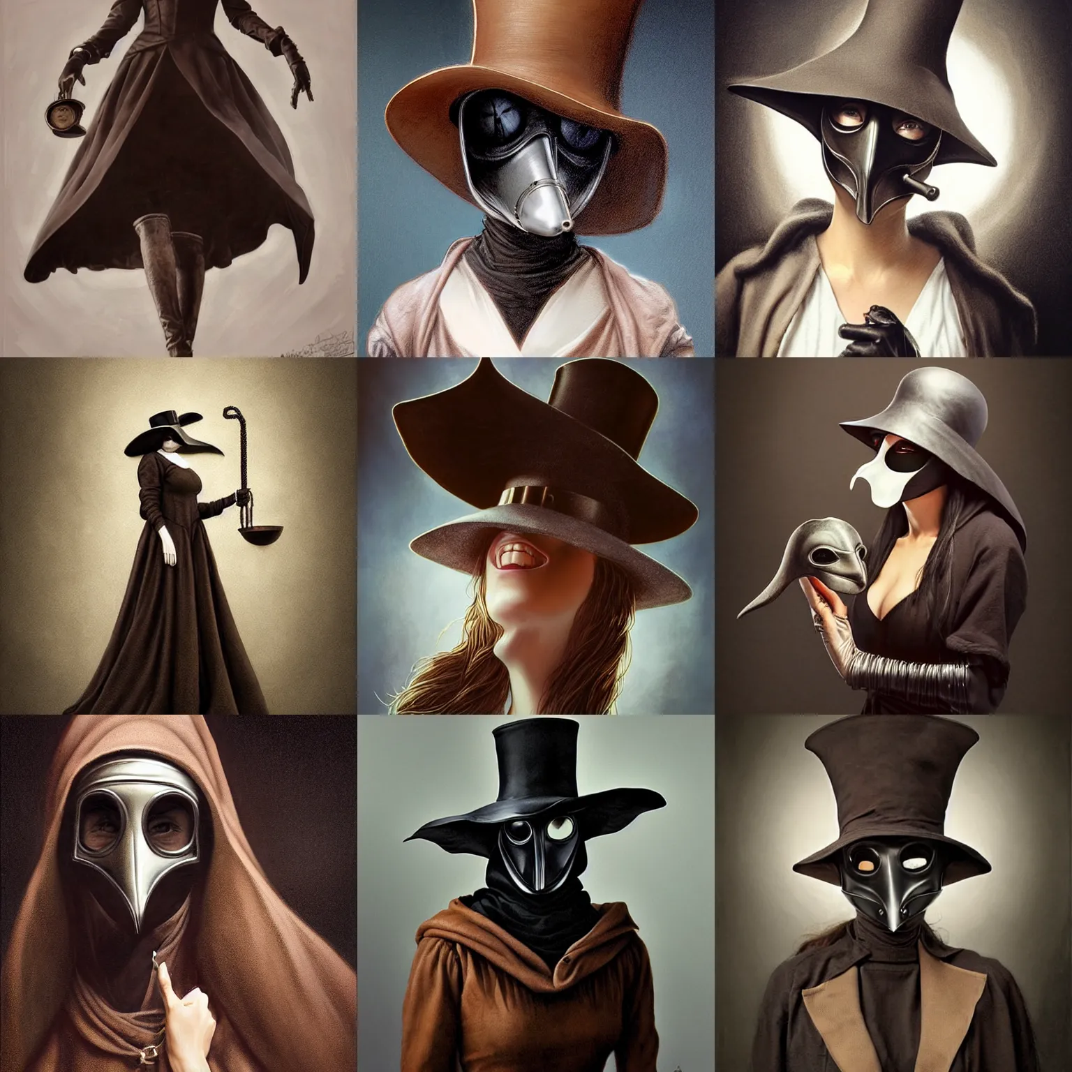 Prompt: portrait of woman in a plague doctor mask, tiny top hat, long brown dress, photorealistic, highly detailed, studio lighting, smooth, sharp focus, art by michael whelan, artgerm, greg rutkowski and luis royo