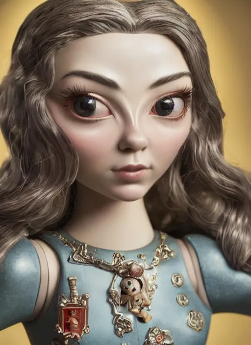 Prompt: closeup of a tin toy natalie dormer, depth of field, zeiss lens, detailed, symmetrical, centered, fashion photoshoot, by nicoletta ceccoli, mark ryden, lostfish, earl nore, hyung tae, frank frazetta, breathtaking, 8 k resolution, extremely detailed, beautiful, establishing shot, artistic, hyperrealistic, octane render
