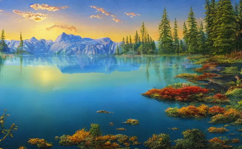 Image similar to beautiful award winning mythical painting of a canadian lake, extreme detail, 4 k, ultra hd