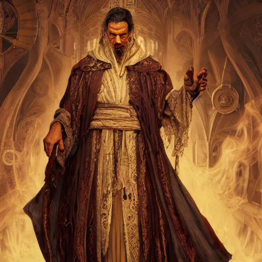 Image similar to highly detailed picture of a man with holes in his robes, religious man wearing clothes with huge rips, destroyed clothes, medieval background, mystic, d & d, fantasy, intricate, elegant, highly detailed, digital painting, artstation, concept art, smooth, sharp focus, illustration, art by artgerm and greg rutkowski and alphonse mucha