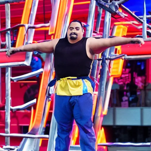 Image similar to Gabriel Iglesias competing on American Ninja Warrior, sports photography