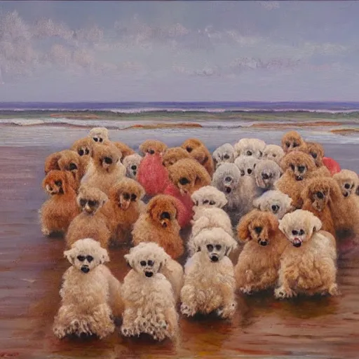 Prompt: endless sea of poodles, oil painting