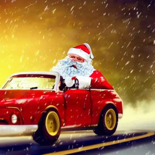 Image similar to Santa Clause driving a rally car he is going fast there is smoke coming from the tires there is snow on the track you can clearly see Santa Clause driving he is fat and jolly, realistic lighting, realistic shadows, highly reflective, photo realistic, hyper realistic