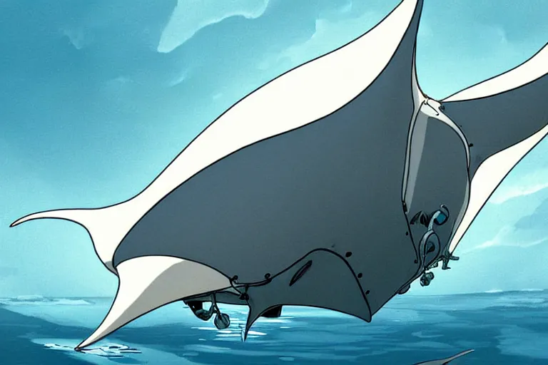 Prompt: cell shaded cartoon of a giant mechanized grey manta ray from howl's moving castle ( 2 0 0 4 ), in an icy river, full body, wide shot, very muted colors, post grunge, studio ghibli, highly detailed, deviantart, art by artgem