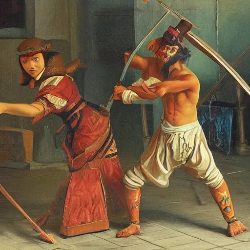 Prompt: high detailed painting of a traditional artist fighting an ai artist