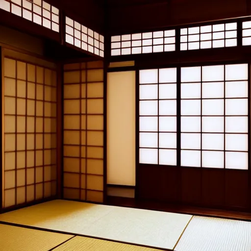 Image similar to photo of a traditional Japanese house with tatami floors and shoji paper doors, cinematic, high detail, beautiful,