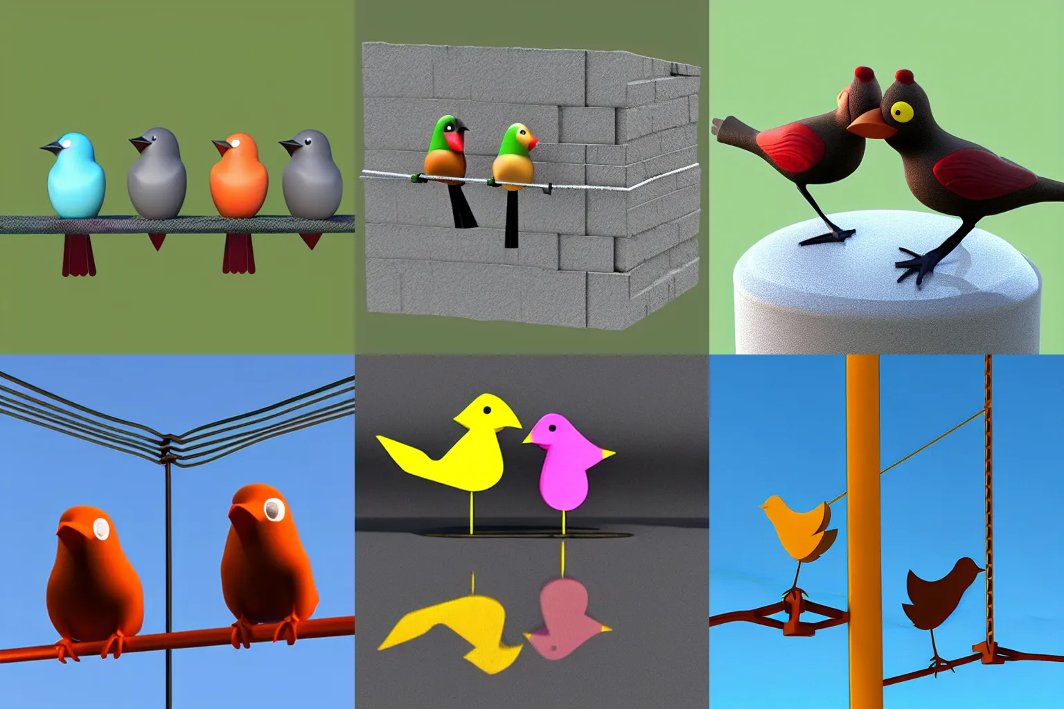 Prompt: Birds gossiping while sitting on a power line, 3D characters.