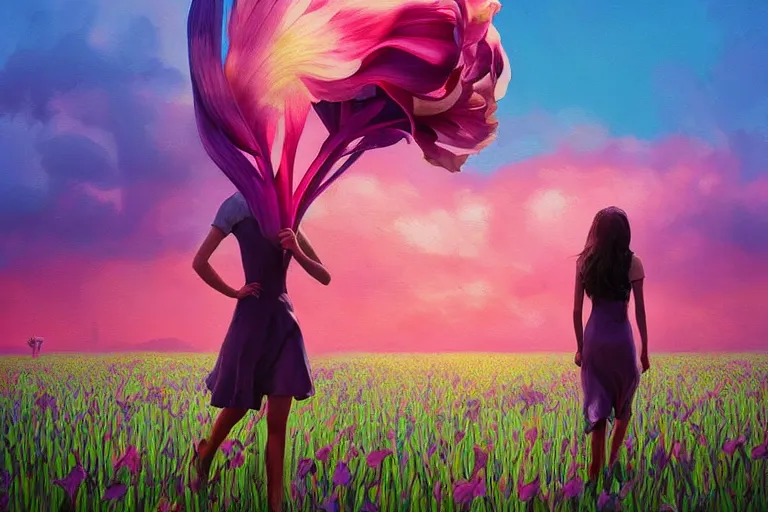 Image similar to giant gladiola head, girl walking in field of flowers, surreal photography, sunrise, blue sky, dramatic light, impressionist painting, digital painting, artstation, simon stalenhag