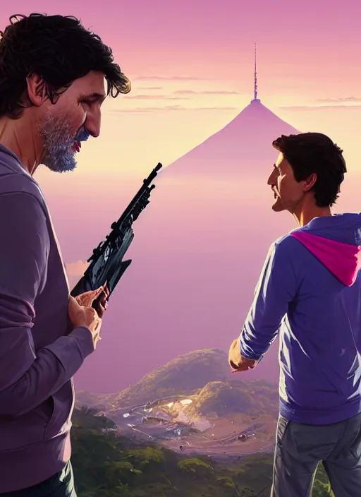 Image similar to highly detailed portrait justin trudeau in ( ( pink hoody rainbow socks ) ) holding ar - 1 5! ( setting costa rica ) in gta v stephen bliss unreal engine fantasy art by greg rutkowski loish rhads ferdinand knab makoto shinkai lois van baarle ilya kuvshinov rossdraws tom bagshaw global illumination radiant light detailed intricate environment