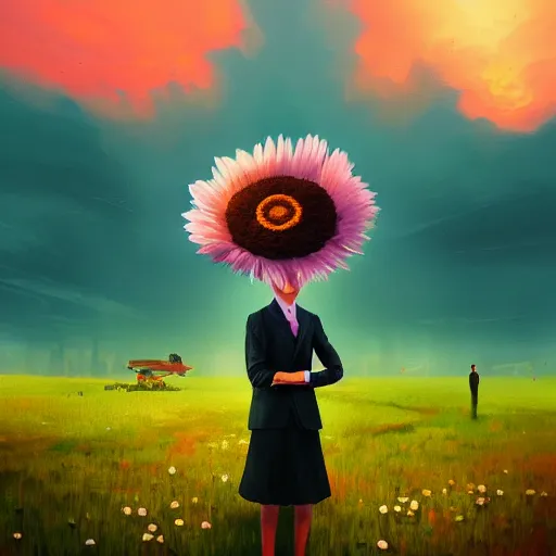 Image similar to giant daisy flower as a head, frontal, a girl in a suit, surreal photography, sunrise, dramatic light, impressionist painting, digital painting, artstation, simon stalenhag