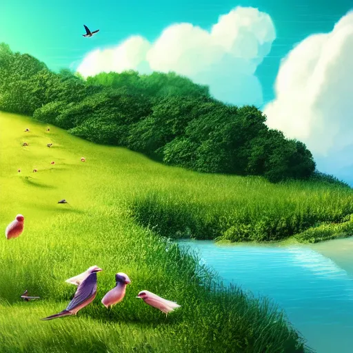 Image similar to a beautiful clean digital art of a landscape with lush green pastures and a beach with birds flying in the sky with white fluffy clouds, a colorful color palette, trending on artstation, 4 k