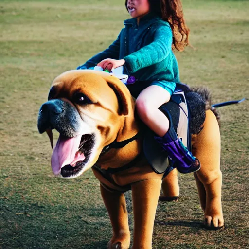 Image similar to girl riding a giant schanuzer dog at the park