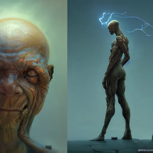 Image similar to a hyper - realistic character concept art portrait of an antimatter being with an energy body, depth of field background, artstation, award - winning realistic sci - fi concept art by jim burns and greg rutkowski, beksinski, a realism masterpiece, flesh - tone color palette, james gilleard, bruegel, alphonse mucha, and yoshitaka amano.