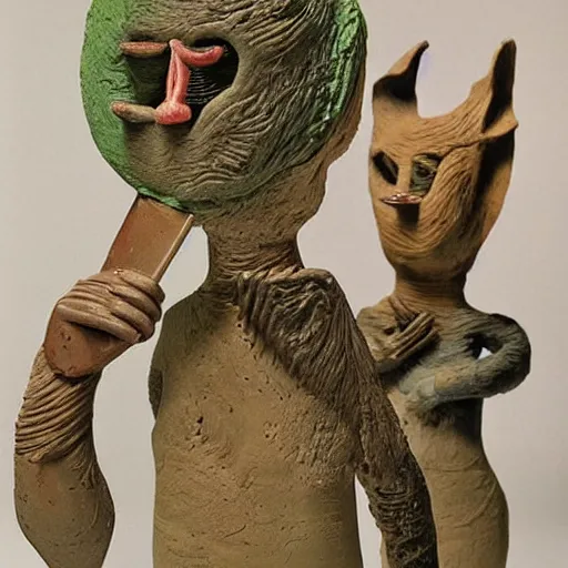 Prompt: weird little clay creatures designed by max ernst,