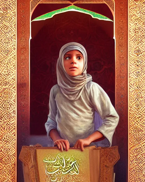 Image similar to a faceless bedouin child infront of a big open quran highly detailed, gold filigree, romantic storybook fantasy, soft cinematic lighting, award, disney concept art watercolor illustration by mandy jurgens and alphonse mucha and alena aenami, pastel color palette, featured on artstation