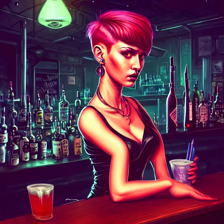 Prompt: a young sophisticated beautiful barmaid, dimly lit industrial grunge cyberpunk dive bar, dystopian retrofuturistic 1980s neon vibe, relaxed pose, sitting at the bar, pixie cut with shaved side hair, wild, highly detailed, digital painting, artstation, sharp focus, illustration, detailed painterly digital art style by Joe Fenton + perfect facial symmetry + dim volumetric lighting, vibrant deep colors, 🍸, 8k octane beautifully detailed render, post-processing, extremely hyperdetailed, epic composition, grim yet sparkling atmosphere, cinematic lighting + masterpiece, Art Nouveau, unreal engine, hyperrealistic