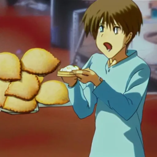 Prompt: Sinji from Evangelion eating empanadas, frame still