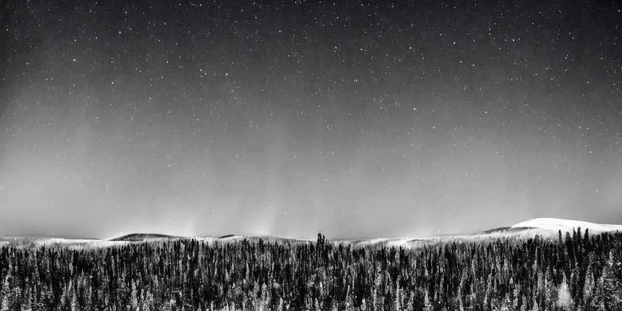 Prompt: laurentian appalachian mountains in winter, unique, original and creative landscape, black and white semiabstract, snowy night, distant town lights, aurora borealis, deers and ravens, footsteps in the snow, brilliant composition, fascinating textures