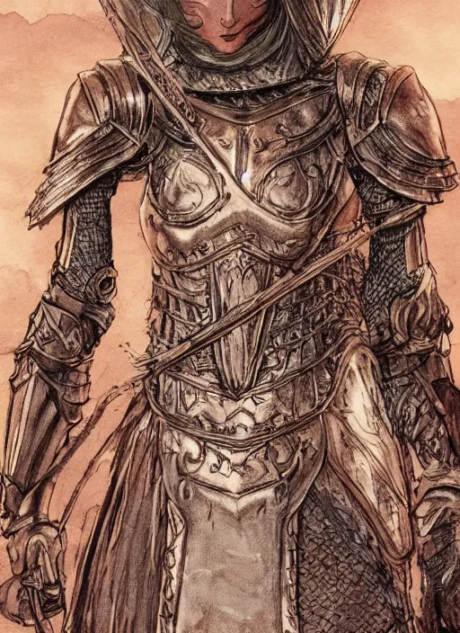 Prompt: elegant female knight in copper colored plate armor who looks like michelle pfeiffer, moonlight in the background, illustration by arthur rackham, soft lighting, HD, sharp focus, intricate, masterpiece, concept art, character design